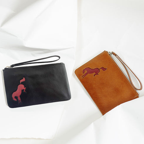 Small Leather Pouch with Bucking Horse - Black & Bordeaux